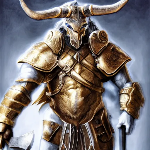 Image similar to Giant minotaur humanoid beast warrior with two handed axe, concept art, heavy white and golden armor, giant horns, portrait, dungeons and dragons, hyperrealism, high details, digital painting, dark fantasy