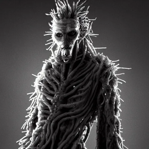 Image similar to photorealistic detailed tall skinny humanoid creature, extremly detailed, black and white, 8 k, realistic, sharp focus, from the movie the thing