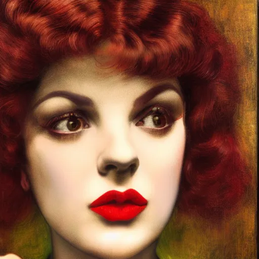 Image similar to portrait of a hybrid of judy garland and lady gaga, brown fringe, full lips, large downslanted eyes, holman hunt, john william waterhouse, kilian eng, rosetti, john everett millais, william holman hunt, 4 k