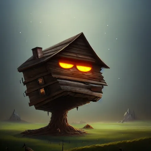 Image similar to a walking wood and metal house with two legs and one big eye, smoky chimney, rust, hyperrealistic, highly detailed, cinematic, single ray of sun, morning, pareidolia, gravity falls style, disney, beautiful, cgssociety, artstation, 8 k, oil painting, digital art