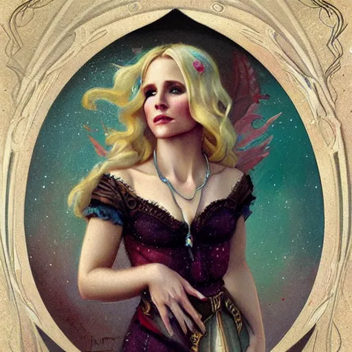 Image similar to Kristen Bell by Tom Bagshaw in the style of Gaston Bussière, art nouveau