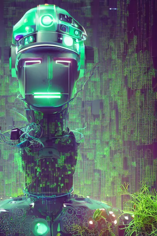 Image similar to a robot with chives and basil growing out of his head, cyberpunk art by Mike Winkelmann and beeple, by Filip Honda, trending on cgsociety, panfuturism, made of chives and basil herbs, glitch art, rendered in cinema4d,