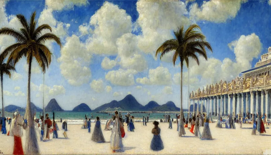 Image similar to a ultradetailed beautiful painting of the thunder sky of the rio de janeiro palace balustrade designed by jules bastien - lepage, tarsila do amaral, frank weston and gustave baumann, beach, trending on artstation, mediterranean, palm trees, sharp focus, giant greek columns, soft light, 8 k 4 k