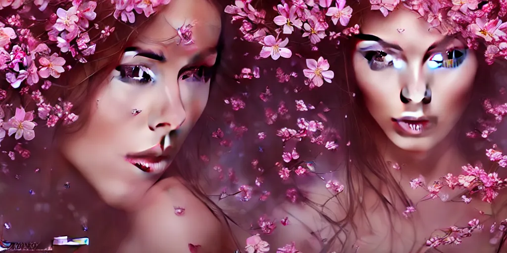 Prompt: photo of a gorgeous elfin female with fluid flowers covering her in the style of stefan kostic, realistic, half body shot, sharp focus, 8 k high definition, insanely detailed, intricate, elegant, art by stanley lau and artgerm, extreme blur cherry blossoms background