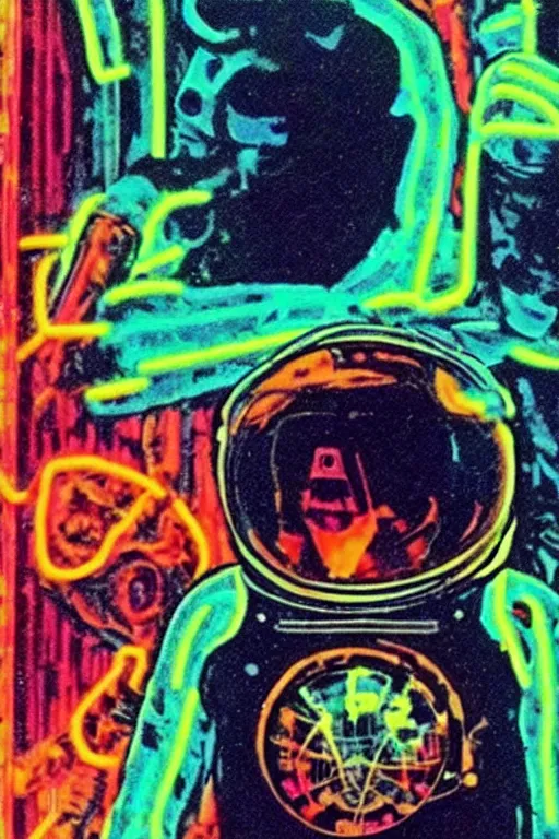 Image similar to astronaut with neon glowing skull 1 9 6 0 s color _ bleed _ video compression video glitch vhs footage akira kurosawa mamoru oshii wes anderson