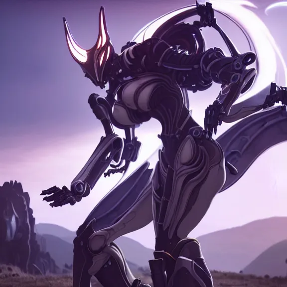 Image similar to extremely detailed cinematic low ground shot of a giant 1000 meter tall beautiful stunning saryn prime female warframe goddess, that's an anthropomorphic hot robot mecha female dragon, silver sharp streamlined armor, detailed head, sharp claws, glowing Purple LED eyes, sitting cutely in the background on top of a mountain, a tiny forest with a village in the foreground, fog rolling in, dragon art, warframe fanart, Destiny fanart, micro art, macro art, giantess art, fantasy, goddess art, furry art, furaffinity, high quality 3D realistic, DeviantArt, Eka's Portal, HD, depth of field