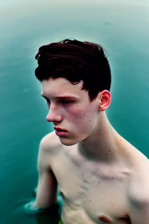 Image similar to high quality pastel coloured film mid angle docu photograph of a beautiful young 2 0 year old male, soft features, short black hair, floating in an icelandic black rock pool environment. atmospheric. three point light. photographic. art directed. ( pastel colours ). volumetric light. clearcoat. waves glitch. 8 k. filmic.