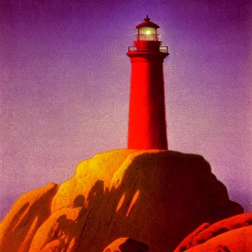 Prompt: lighthouse at dawn by Maxfield Parrish, neo-classical style elaborate painted illustration with saturated hues, 19th century illustration painting, red, purple, dark colors, dramatic lighting