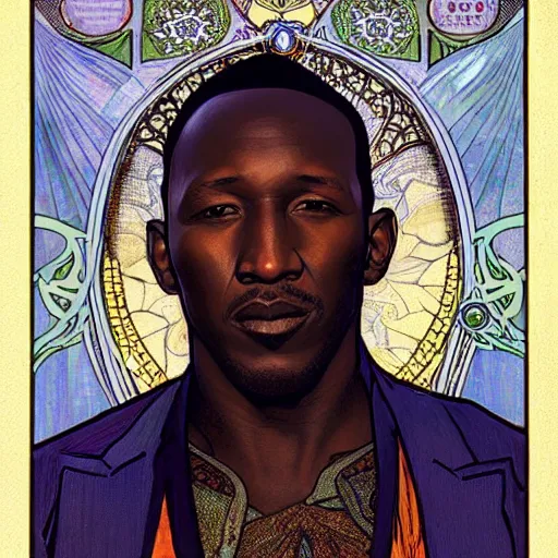 Image similar to mahershala ali portrait by louis - theophile hingre and alphonse mucha, realistic, sharp focus, zodiac signs, tarot cards, planets, ethereal, art nouveau, magic, moon, sun, crown, dreamy, royal, jewellery