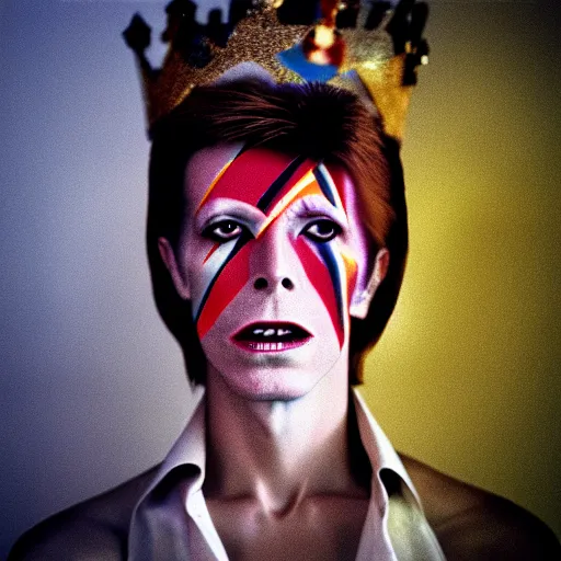 Prompt: ultra realistic portrait photography of david bowie wearing kings crown, in style of lomography, 3 5 mm no dof