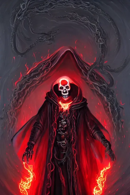 Prompt: A full body portrait of a mysterious character with a flaming skull with a very long hooded blood red and black cloak, tentacles coming out the ground art by Jason Chan and Shaddy Safadi, ominous, cosmic horror, trending on artstation, Ultra detailed, hyper realistic 4k