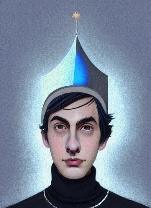 Image similar to portrait of teenage jughead jones wearing a light grey crown, crown, blue turtleneck, 1 9 5 0 s, closed eyes, photorealistic, black hair, glowing lighting, intricate, elegant, glowing lights, highly detailed, digital painting, artstation, concept art, smooth, sharp focus, illustration, art by wlop, mars ravelo and greg rutkowski