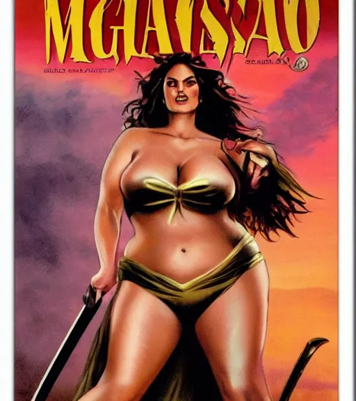Prompt: 1 9 8 0 s fantasy novel book cover, bbw plus size amazonian angelina jolie in extremely tight bikini armor wielding a cartoonishly large sword, exaggerated body features, dark and smoky background, low quality print