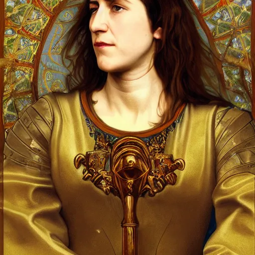 Image similar to portrait of charlotte gainsbourg as joan of arc, hyperreal digital painting, iconography influenced by alphonse mucha and eugene delacroix, arstation and deviantart trends, high resolution 8 k