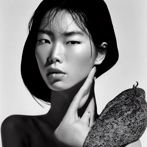 Prompt: black and white vogue extreme closeup portrait by herb ritts of a beautiful female model, japanese, high contrast