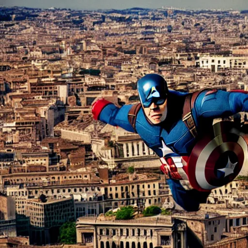 Prompt: Captain America flies over the cityscape of Rome. Filmed in the style of Wim Wenders. Cinematic, 50mm, highly intricate in technicolor