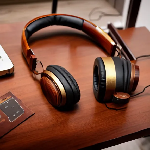 Prompt: beautiful stunning meze classics headphones on a mahogany desk next to a vacuum amp, modernist headphones, wood headphones, perfect headphones, gold metals, audiophile, intricate high detail, extreme quality, photographic, meze audio, sennheiser