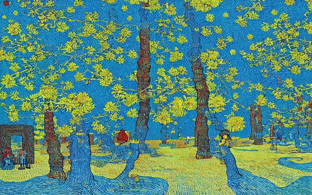 Prompt: retro minimalist art, a beautiful quiet park in fukuoka, fractal cubes. japanese embroidery. by jean giraud and van gogh.