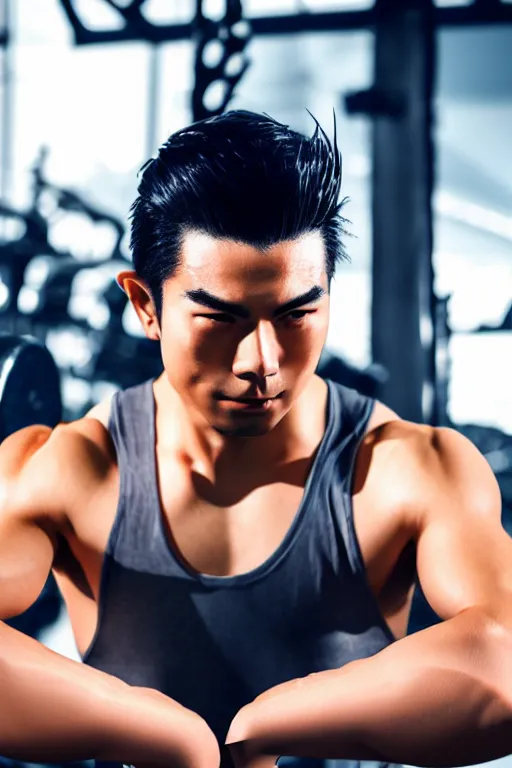 Image similar to Yasuo from League of Legends working out at the gym, photorealistic, highly detailed