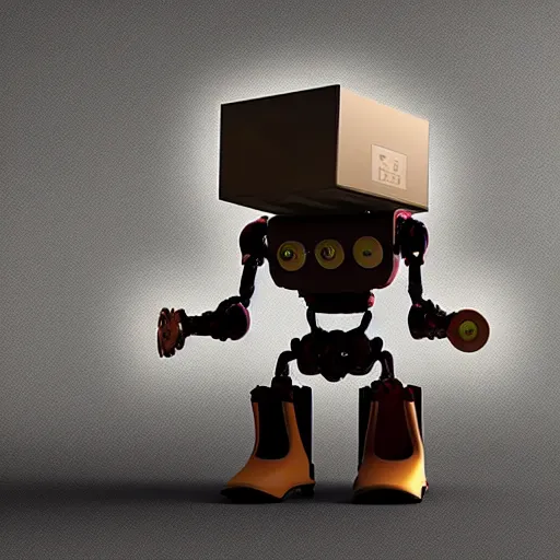 Prompt: a robot in the shape of a box, has 4 legs that end in wheels, k octante detailed render, cinematic lighting, post - processing