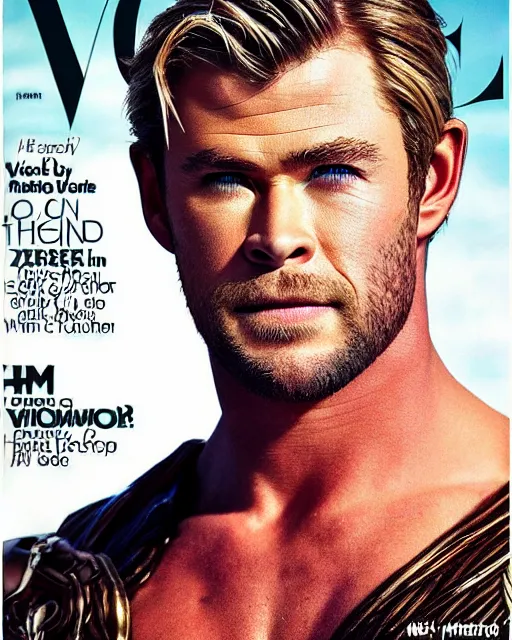 Prompt: Chris Hemsworth looking like Wonder Woman, Vogue cover photo, realistic face, detailed face, highly detailed, professional photo
