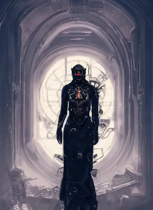 Image similar to a cyborg with mask, black leather garment with art nouveau ivory accessories, cyberpunk, darksynth, luxury, concept art by jama jurabaev, extremely detailed, ominous, ethereal, artstation, andree wallin, edvige faini, balaskas, alphonse mucha