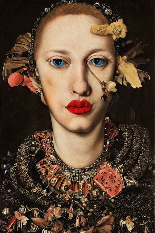 Image similar to Detailed maximalist portrait with large lips and with large eyes, sad exasperated expression, HD mixed media, 3D collage, highly detailed and intricate illustration in the style of Caravaggio, dark art, baroque