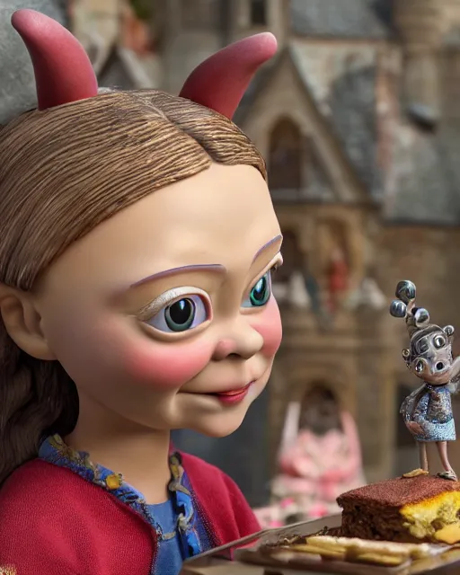 Image similar to highly detailed closeup, face profile portrait of a tin toy greta thunberg as a medieval goblin eating cakes in a castle, bikini, depth of field, nicoletta ceccoli, mark ryden, lostfish, dan decarlo, bob clampett, max fleischer, detailed and intricate environment, 8 k resolution, hyperrealistic, octane render
