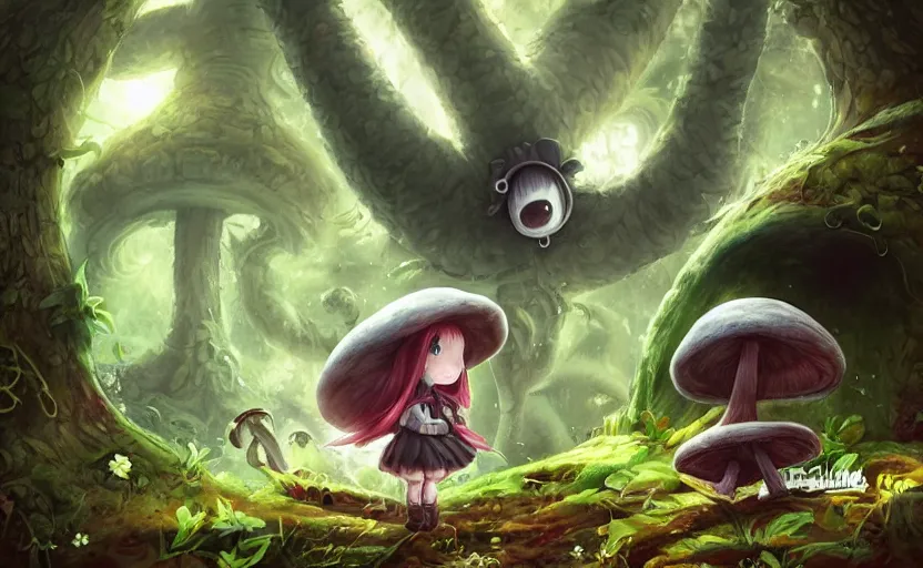 Image similar to cute little girl with an long black hair wearing an mushroom hat in the dark forest next to a sinister monster, cute artwork, clean detailed art, inspired by made in abyss, detailed background, fantastic world, spectacular quality