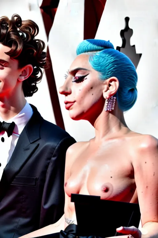 Image similar to timothee chalamet and lady gaga holding hands on the red carpet, beautiful detailed faces, canon eos