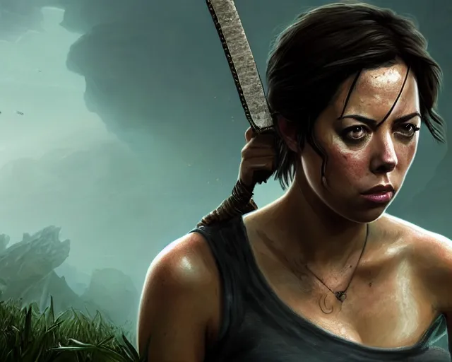 Image similar to a gaming screenshot still portrait of aubrey plaza in tomb raider, deep focus, d & d, fantasy, intricate, elegant, highly detailed, digital painting, artstation, concept art, matte, sharp focus, illustration, dark fantasy style art, hearthstone, art by artgerm and greg rutkowski and alphonse mucha