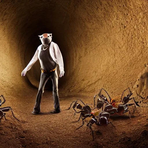 Image similar to cinematic photo of humans wearing realistic ant costumes in an underground dirt tunnel. several tunnel exits lead off in different directions. at the side of the tunnel are very large white pulsating ant larvae.