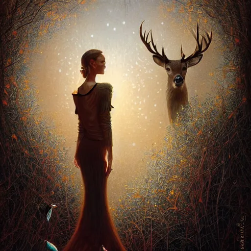 Image similar to a dramatic portrait of a woman showing affection to deer, cinematic lighting, symmetric face by karol bak, christopher balaskas