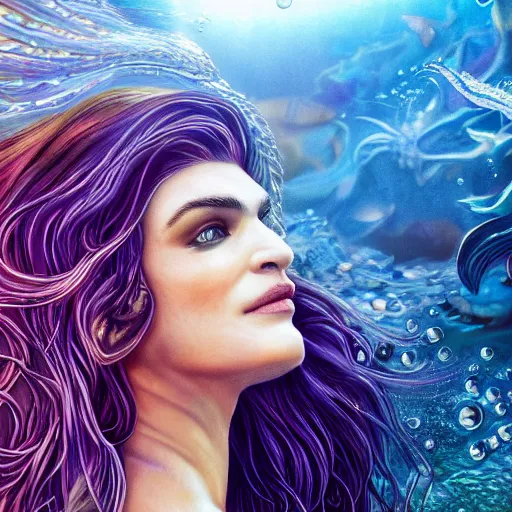 Image similar to rachel weisz portrait, fantasy, mermaid, hyperrealistic, game character, underwater, highly detailed, sharp focus, cinematic lighting, pearls, glowing hair, shells, gills, crown, water, highlights, starfish, jewelry, realistic, digital art, pastel, magic, fiction, ocean, king, colorful hair, sparkly eyes, fish, heroic, god, waves, bubbles