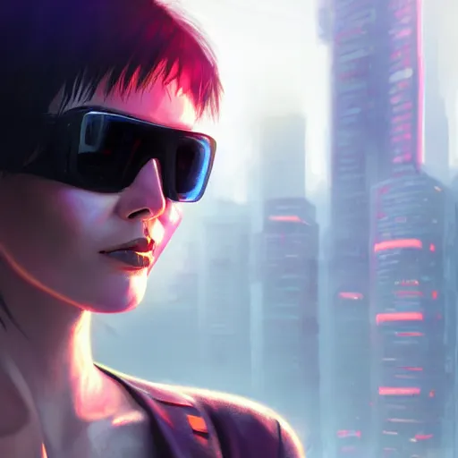 Prompt: closeup portrait of a cyberpunk woman, sunglasses, shag hair, city background, megacity, sunset, neuromancer, blade runner, ghost in the shell, gorgeous view, high detail, digital art, chiaroscuro, painted by igor kieryluk and greg rutkowski, trending on artstation