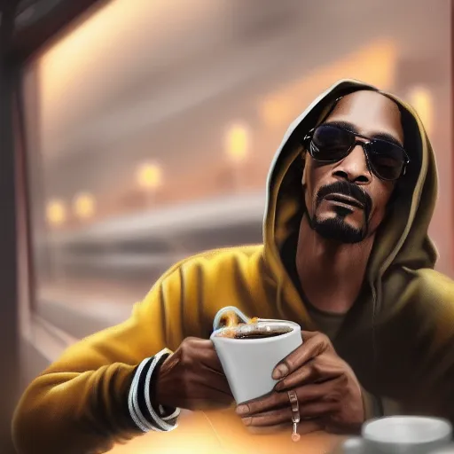 Prompt: Snoop Dogg chilling in a coffee shop sipping on his hot steaming coffee, hyperdetailed, artstation, cgsociety, 8k