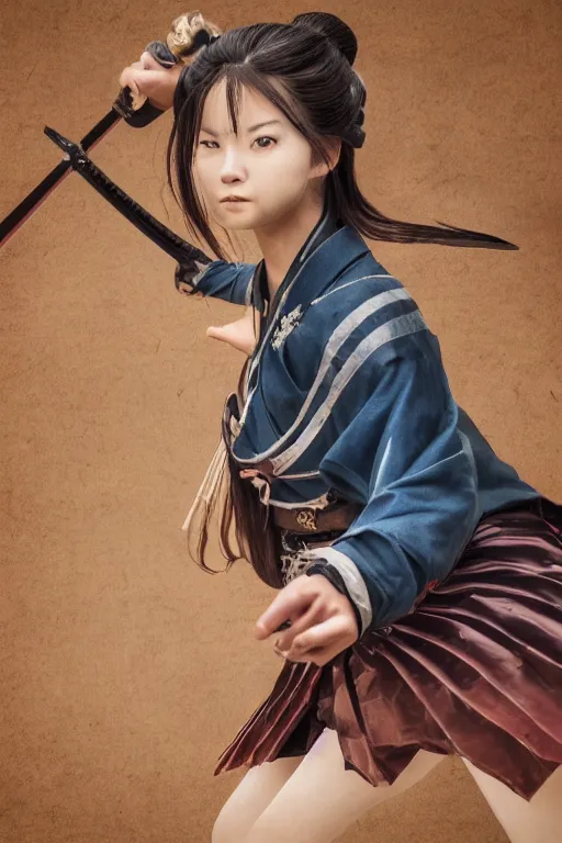 Image similar to highly detailed beautiful photo of a young female samurai, practising sword stances, symmetrical face, beautiful eyes, realistic anime art style, 8 k, award winning photo, pastels, action photography, 1 / 1 2 5 shutter speed, dramatic lighting