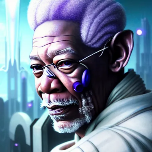 Prompt: portrait painting of a cyberpunk elven morgan freeman wearing a white and purple suit, ultra realistic, concept art, intricate details, eerie, highly detailed, photorealistic, octane render, 8 k, unreal engine. art by artgerm and greg rutkowski and charlie bowater and magali villeneuve and alphonse mucha