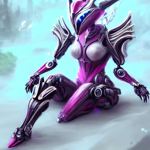 Image similar to highly detailed exquisite fanart, of a beautiful female warframe, but as an anthropomorphic robot dragon, sitting on a soft green sofa, with robot dragon head, off-white plated armor, bright Fuchsia skin, full body shot, epic cinematic shot, realistic, professional digital art, high end digital art, DeviantArt, artstation, Furaffinity, 8k HD render, epic lighting, depth of field