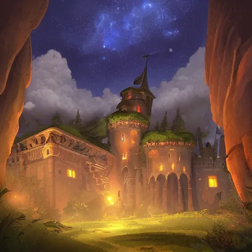 Prompt: a renaissance castle in a forest with a glowing night sky, upward angle, by tyler edlin