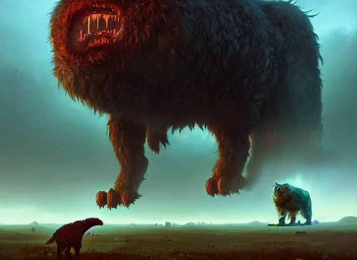 Image similar to giant monstrous aggressive furred creature lurking over a cowering smaller creature, in the foreground a small town, epic science fiction horror digital matte painting by Simon Stalenhag and Mark Brooks (and Greg Rutkowski), extremely detailed, artstation