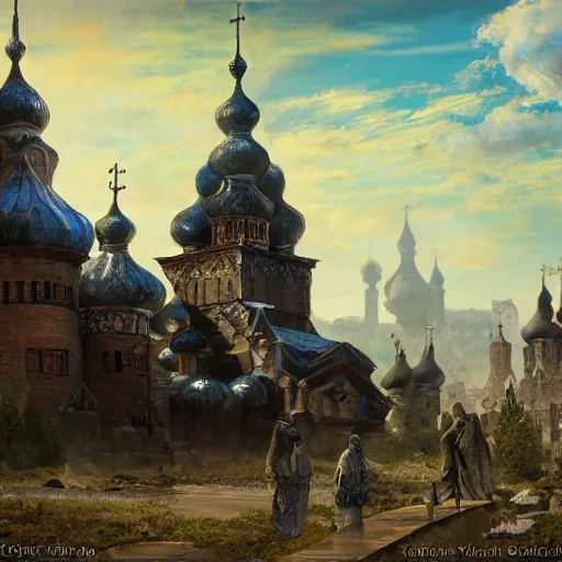 Image similar to photo ancient Slavic Russian city of Kitezh, painting by Viktor Vasnetsov, concept art, magical city, fantasy cityscape, ancient Slavs, wooden buildings, ancient Russian architecture, terem, hyperborea, top cinematic lighting , cinematic mood, very detailed, 8k, high resolution, trending on artstation, artstationHD,