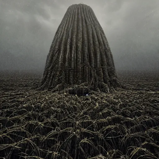 Prompt: large ominous alien structure in the middle of a corn field, dark, moody, highly detailed, trending on artstation, concept art, sharp focus, octane render, dramatic volumetric lighting, art by hr giger
