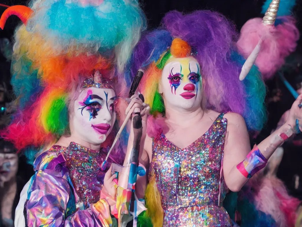 Prompt: 1 unicorn wearing clown makeup on stage auditioning for American Idol