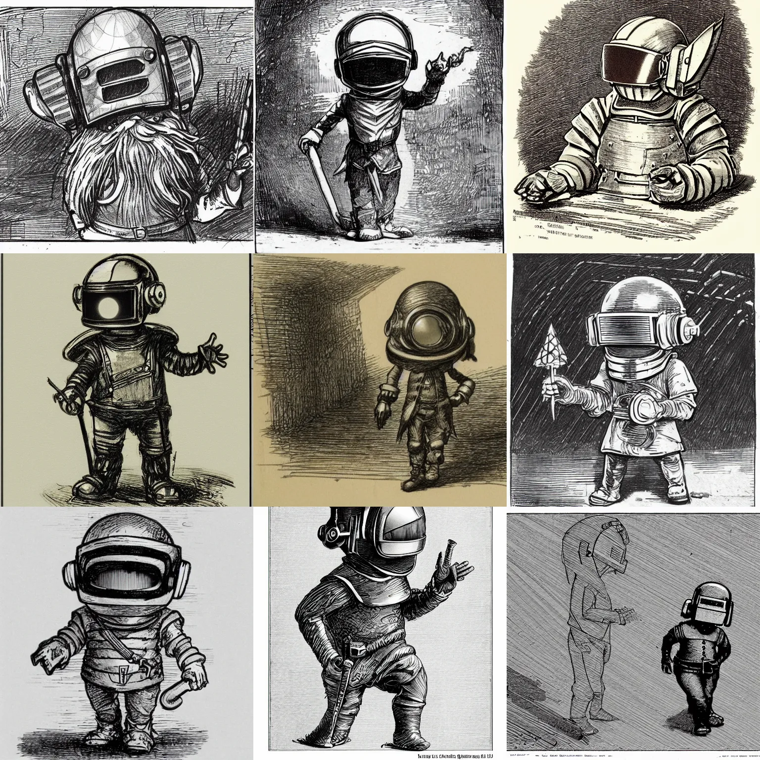 Prompt: sketch of a cute funny chibi dnd gnome inventor tinkerer wearing a daft punk helmet and walking, etching by louis le breton, 1 8 6 9, 1 2 0 0 dpi scan