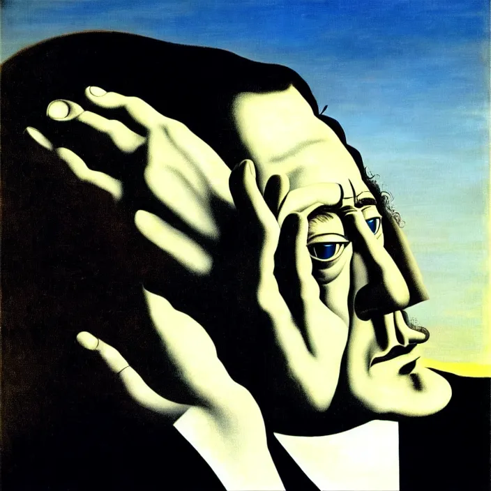 Image similar to camus pondering about the absurdity of existence, by salvador dali and rene magritte, oil on canvas, dramatic lighting