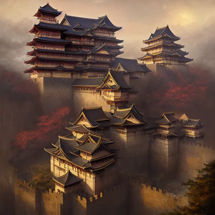 Image similar to matte painting by marc simonetti, jonathan solter, greg rutkowski of a japanese castle, masterpiece, cinematic, hyperdetailed, photorealistic, hyperrealism, architecture, aerial view,