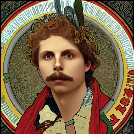 Image similar to a detailed portrait of michael cera as santa ana at the alamo, long twirling moustache, by alphonse mucha and arthur mucha, god rays, intricate detail, cinematic, 8 k, featured on artstation, pixiv