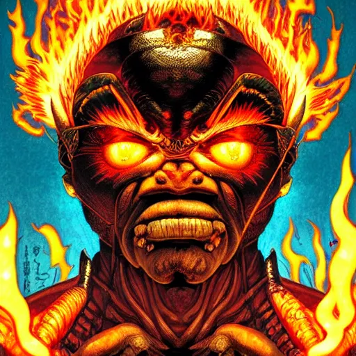 Prompt: portrait of crazy balrog with fire, symmetrical, by yoichi hatakenaka, masamune shirow, josan gonzales and dan mumford, ayami kojima, takato yamamoto, barclay shaw, karol bak, yukito kishiro