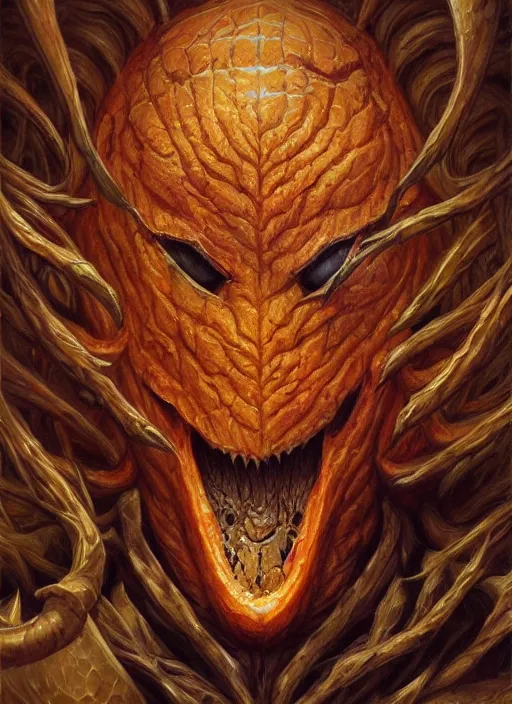 Image similar to carrot mf doom reptile eyes, carrot skin. intricate, elegant roots, highly detailed, centered, digital painting, artstation, concept art, smooth, sharp focus, illustration, artgerm, tomasz alen kopera, peter mohrbacher, donato giancola, joseph christian leyendecker, wlop, frank frazetta